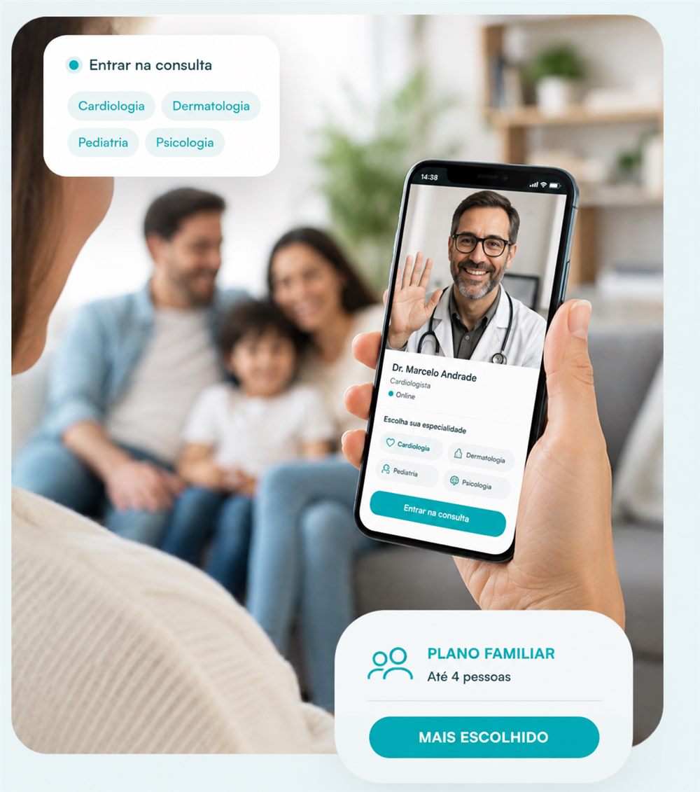 Família reunida em casa enquanto a mãe faz uma consulta médica por vídeo pelo celular com um cardiologista, mostrando a interface de escolha de especialidade da RELF Assistência